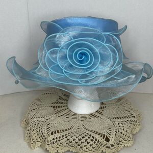 Vintage Giovanna Blue Shimmery 3D Floral Mesh Derby Hat